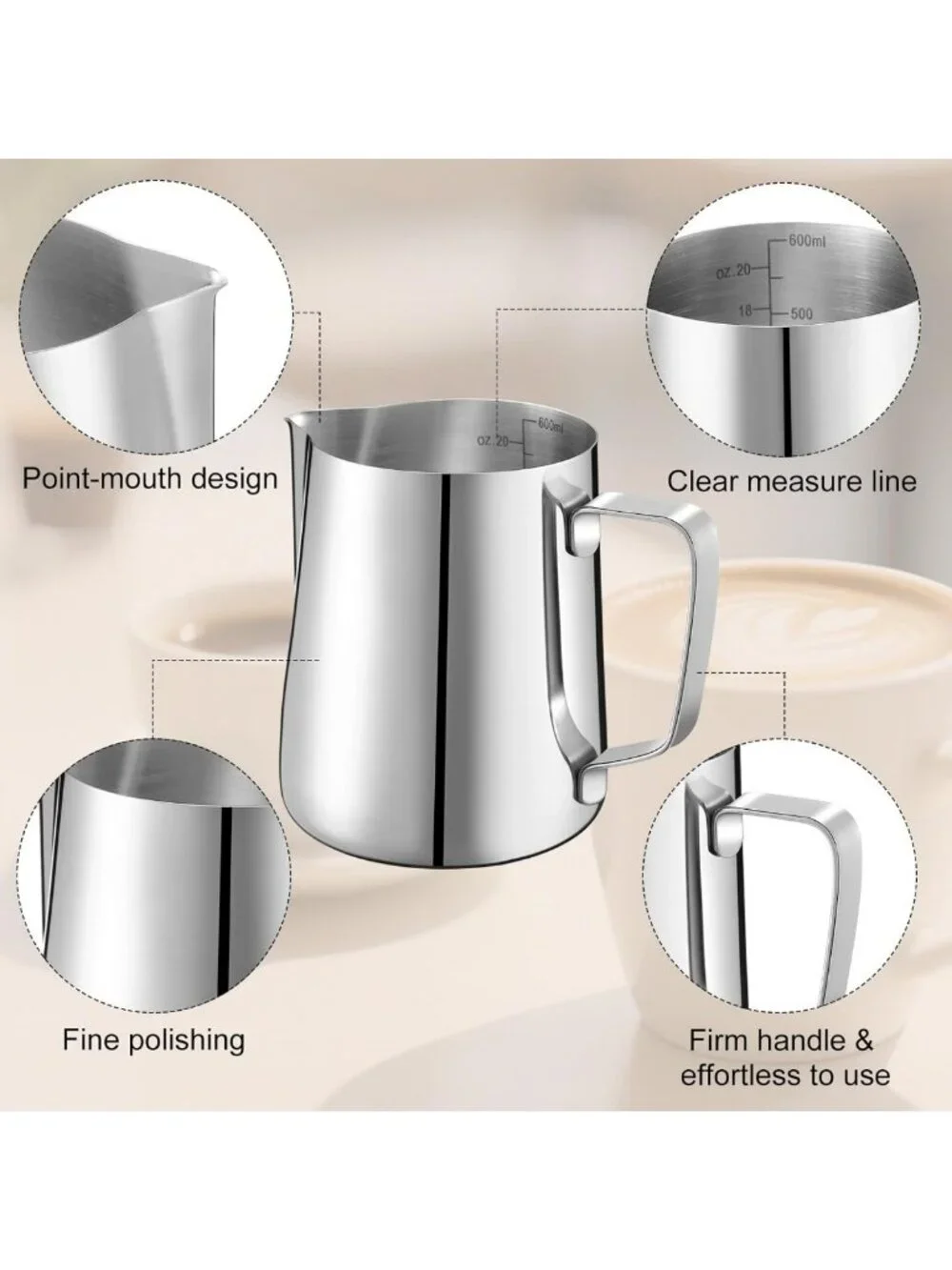4 Pcs Milk Frothing Pitcher Set - 20 oz Stainless Steel, Silver Coffee Tools